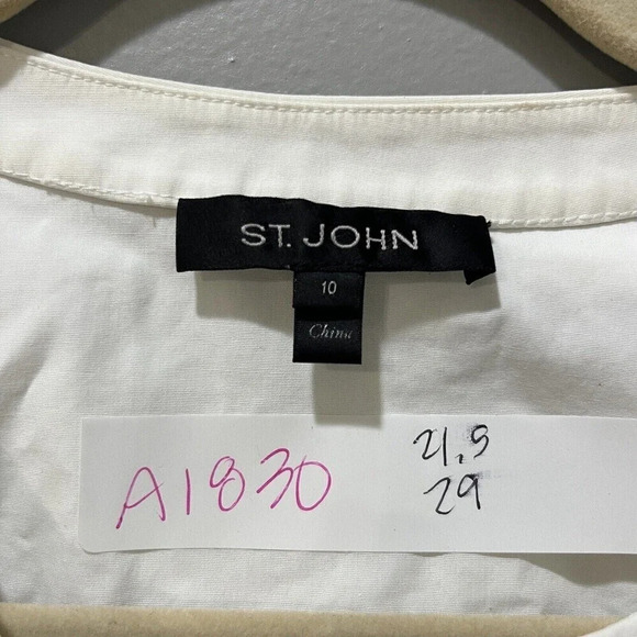 St. John Women's Ivory White Button Up Blouse Sz 10 Tie Metallic Detail Cuffs - Picture 3 of 12